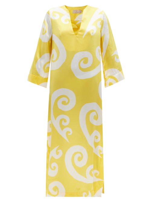 Themis Z - Peacock-print Silk-satin Tunic Dress Yellow