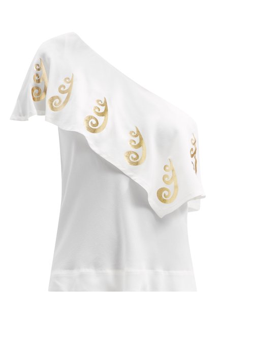 Themis Z - One-shoulder Peacock-print Silk Top White