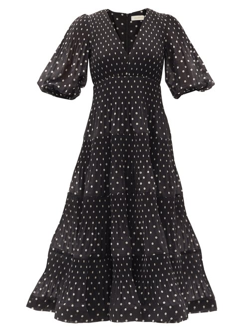 Zimmermann - Puff-sleeve Polka-dot Voile Midi Dress Black White