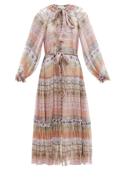 Zimmermann - Luminous Floral-print Striped Silk-chiffon Dress Multi Stripe