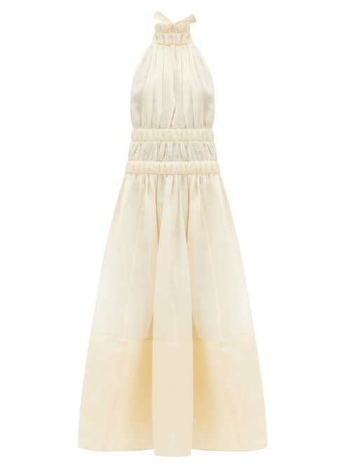 Buy Zimmermann - Halterneck Gathered Linen-blend Organza Dress Ivory online - shop best Zimmermann clothing sales