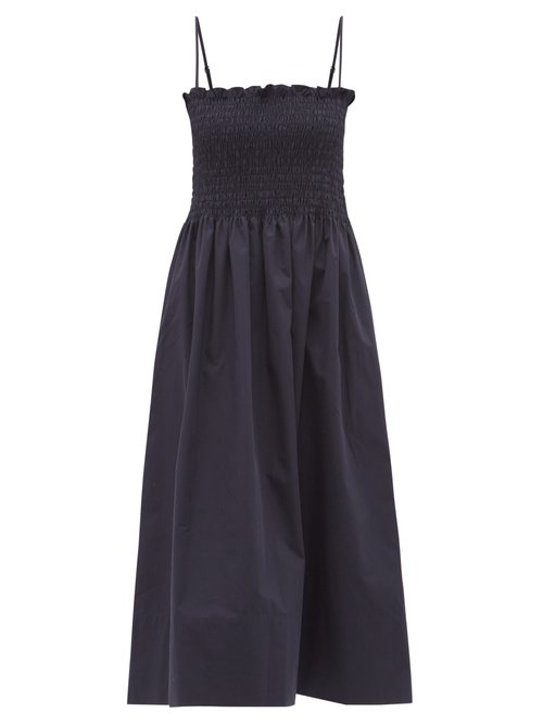 Buy Three Graces London - Lena Smocked Cotton-poplin Midi Dress Navy online - shop best Three Graces London clothing sales