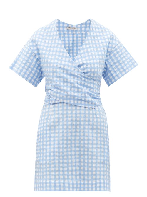 Three Graces London - Flora Gingham-check Cotton-blend Seersucker Dress Blue Multi