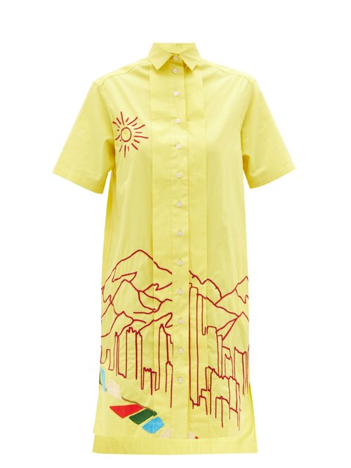 Kilometre Paris - Dolpa Meets Miami Embroidered Cotton Shirt Dress Yellow