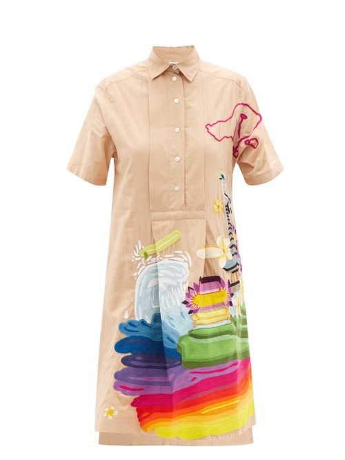 Kilometre Paris - Bilgin Embroidered Cotton Shirt Dress Beige