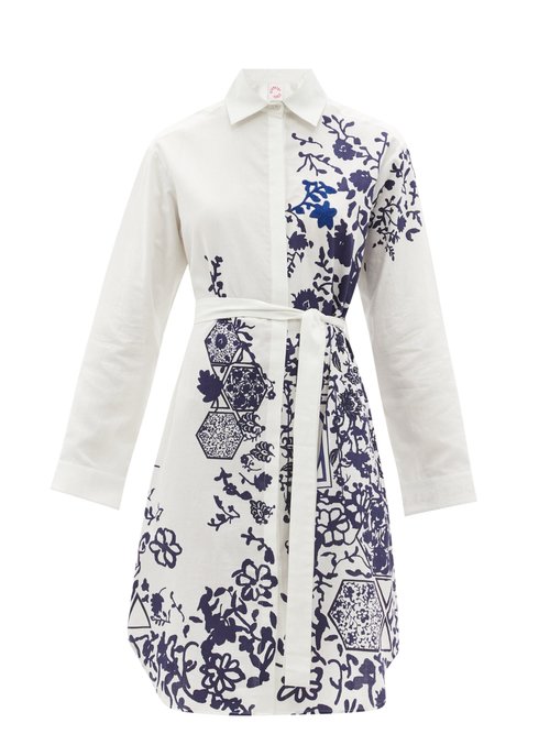 Kilometre Paris - Li Galli Meets Limoges Belted Cotton Shirt Dress White Multi