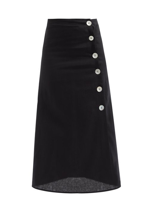 Belize - Rosa Buttoned Linen Midi Skirt Black Beachwear