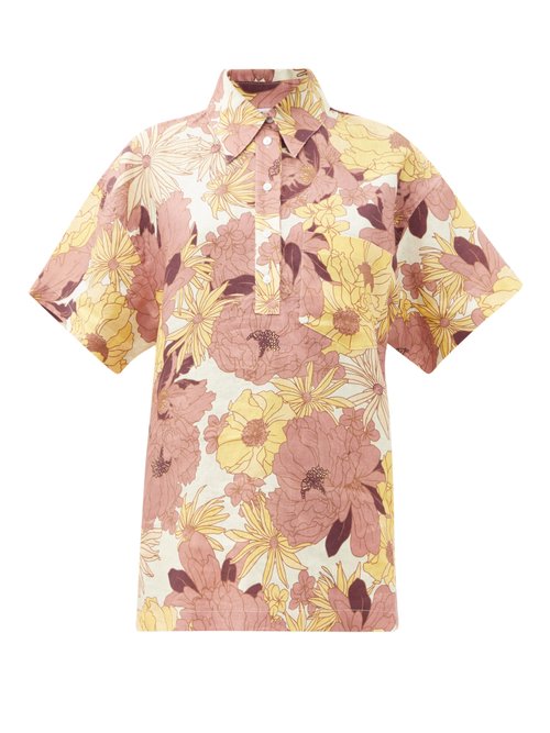 Ephemera - Maui Floral-print Linen Short-sleeved Shirt Orange Multi