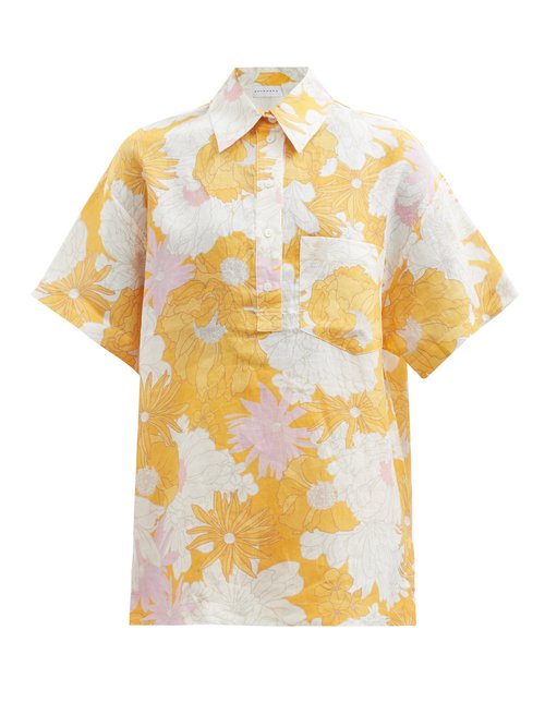 Ephemera - Mai Tai Floral-print Linen Short-sleeved Shirt Orange Multi