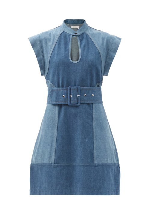 Chloé - Belted Two-tone Denim Mini Dress Denim
