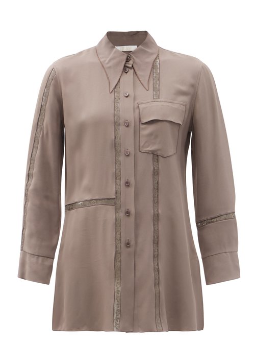 Chloé - Lace-trimmed Crepe Longline Shirt Grey