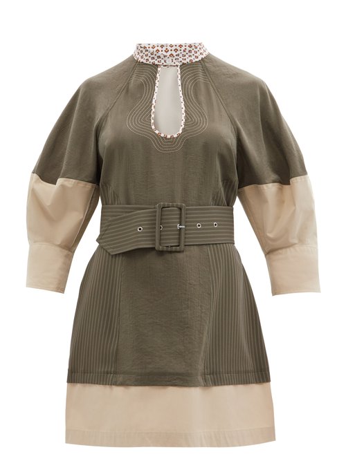 Chloé - Belted Topstitched Silk-blend Mini Dress Khaki