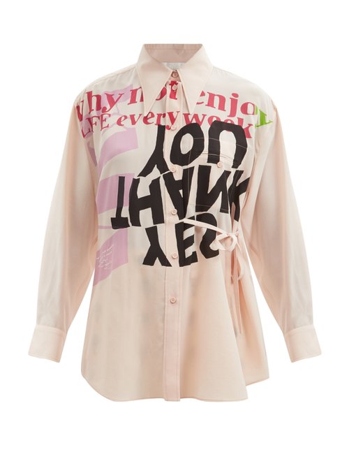 Chloé - Slogan-print Silk Crepe De Chine Shirt Light Pink