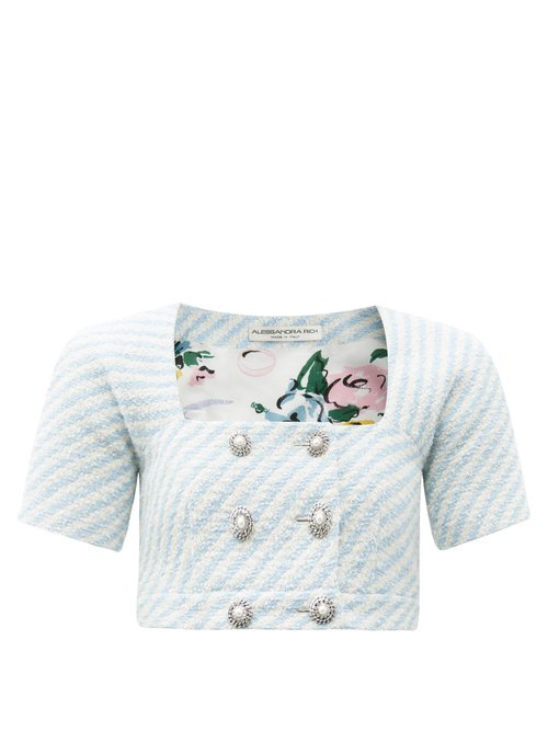Alessandra Rich - Pearl-button Striped Tweed Cropped Top Light Blue