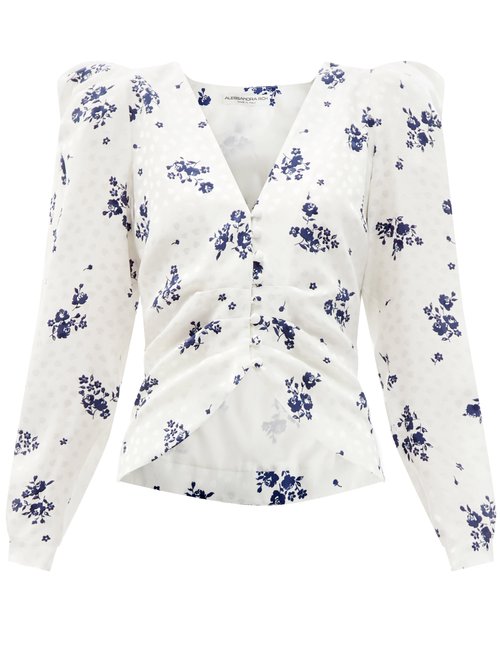 Alessandra Rich – Rose-print Ruched-shoulder Silk Blouse White Print