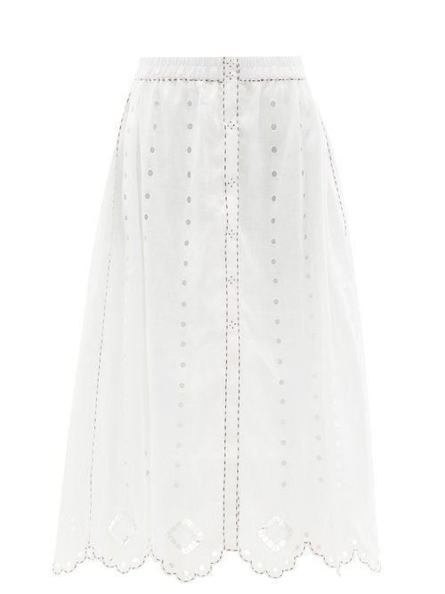 Vita Kin - Charlie Broderie-anglaise Linen Midi Skirt White Beachwear