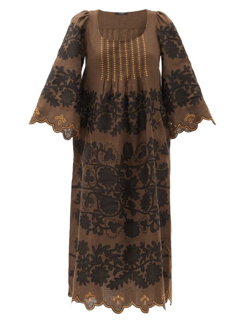 Vita Kin - Mathilde Hand-embroidered Linen Dress Brown Multi
