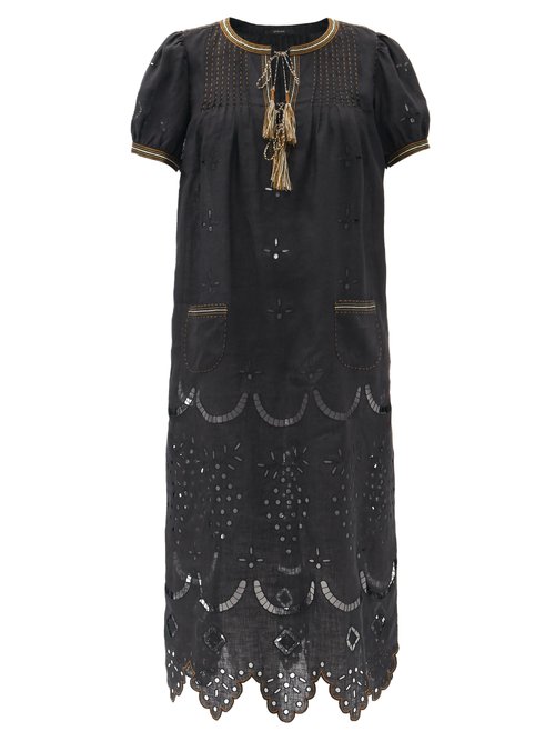 Vita Kin - Veronica Tassel-neck Embroidered Linen Midi Dress Black