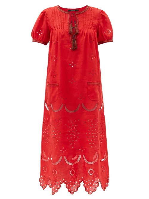 Buy Vita Kin - Veronica Tassel-neck Embroidered Linen Midi Dress Red online - shop best Vita Kin clothing sales