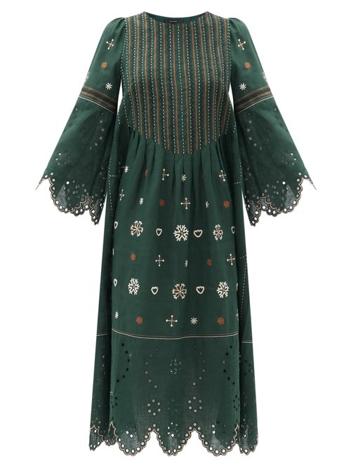 Vita Kin - Jacqueline Broderie-anglaise Linen Midi Dress Dark Green