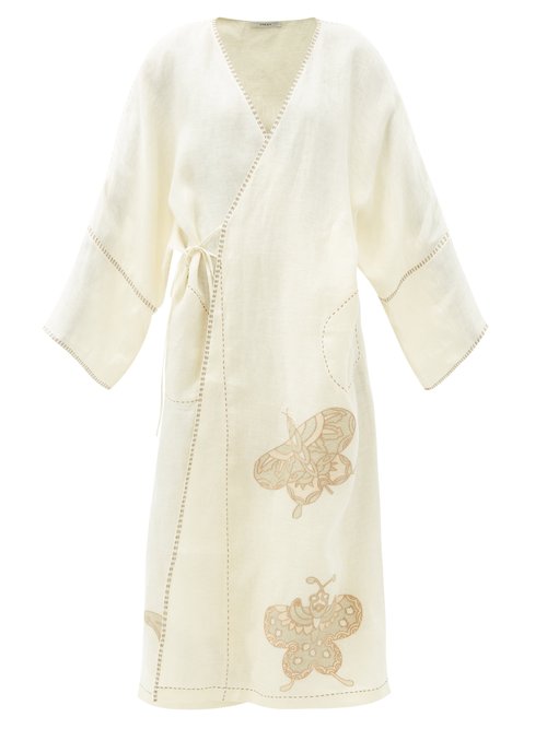 Buy Vita Kin - Kyoto Butterfly-embroidered Linen Wrap Dress White Multi online - shop best Vita Kin clothing sales
