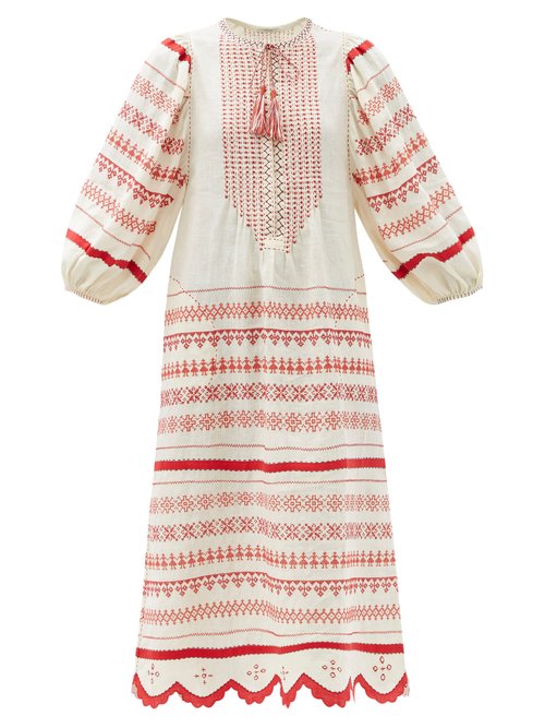 Vita Kin - Belarus Beaded Embroidered Linen Dress Red White