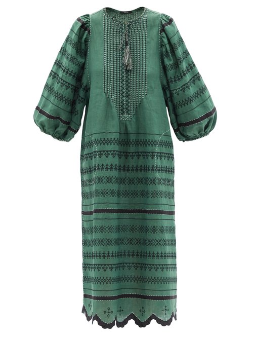 Vita Kin - Belarus Beaded Embroidered Linen Dress Green Multi
