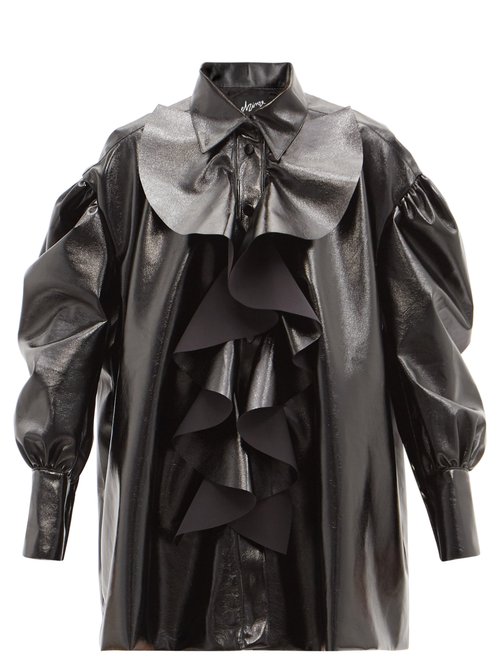 Elzinga - Ruffled Pvc Mini Shirt Dress Black