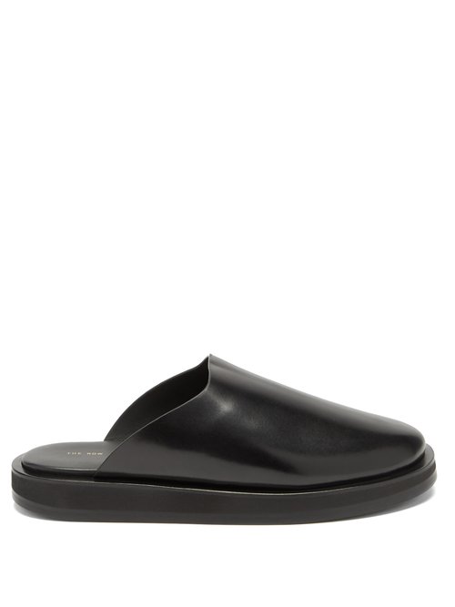 The Row - Sabot Leather Backless Loafers Black