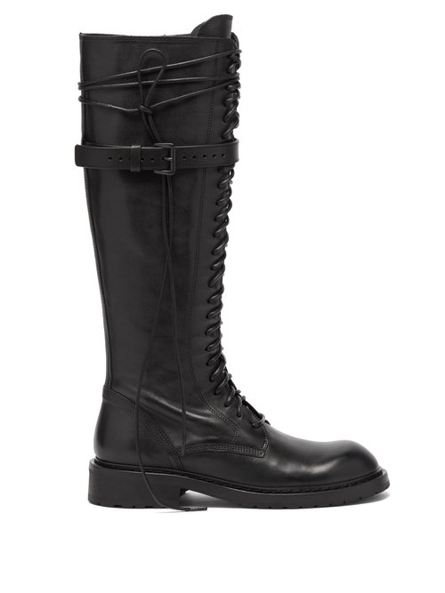 Ann Demeulemeester - Wraparound-lace Leather Knee-high Boots Black