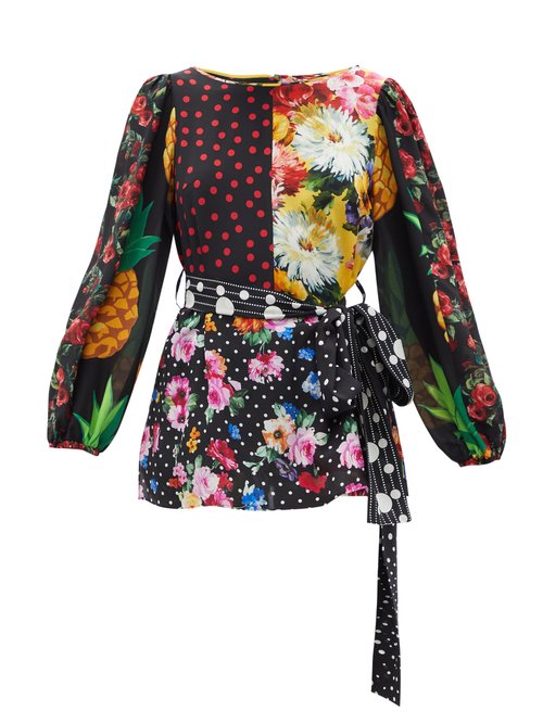 Buy Dolce & Gabbana - Belted Patchwork Silk-blend Crepe Blouse Multi online - shop best Dolce & Gabbana 
