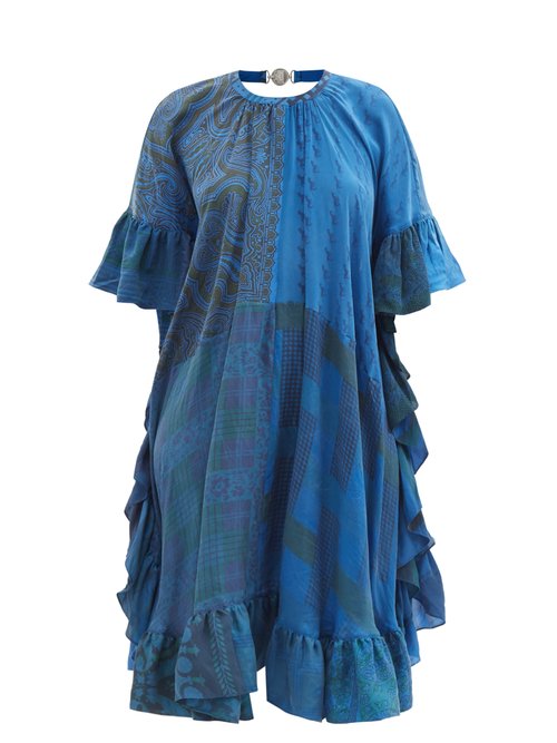 Buy Marine Serre - Open-back Printed Upcycled-silk Dress Blue online - shop best Marine Serre clothing sales