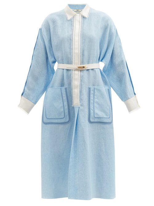 Fendi - Ladder-lace Linen Midi Dress Blue White