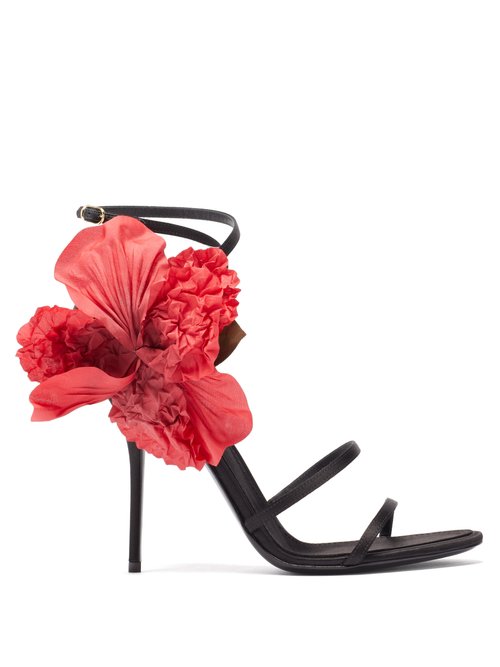 Dolce & Gabbana - Floral-appliqué Satin Sandals Black Red