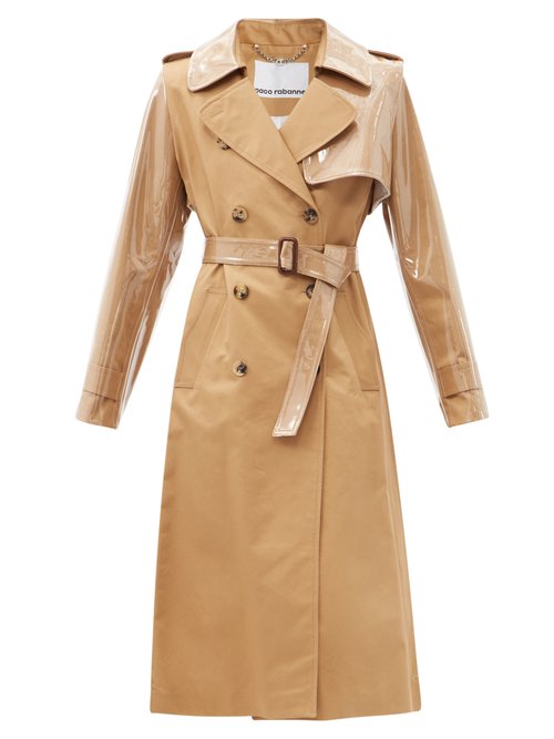 Buy Paco Rabanne - Belted Gabardine And Pvc Trench Coat Camel online - shop best Paco Rabanne clothing sales
