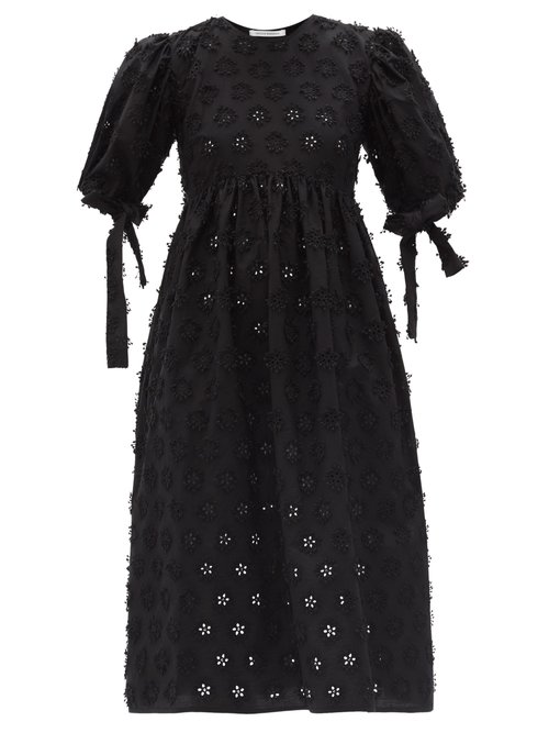 Buy Cecilie Bahnsen - Hailey Flower-appliqué Cotton-blend Midi Dress Black online - shop best Cecilie Bahnsen clothing sales