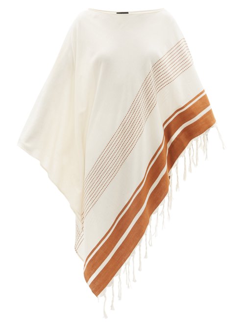 Su Paris - Syakati Fringed Striped Cotton Kaftan White Stripe Beachwear
