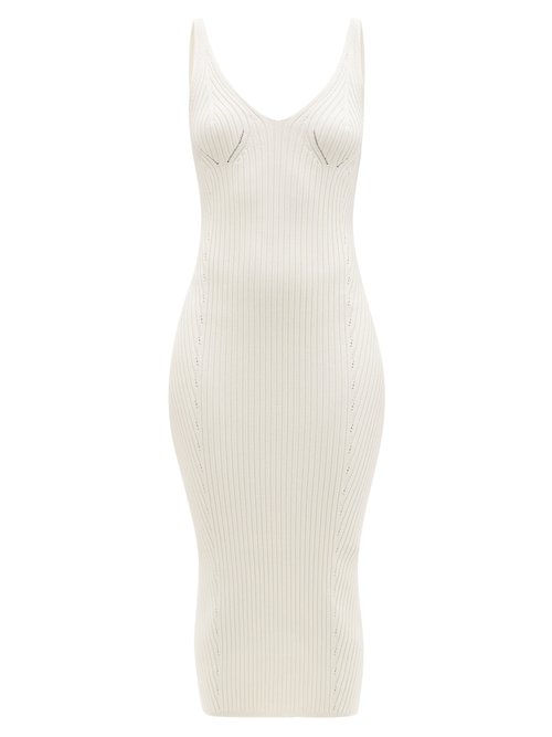 Buy Balmain - Back-zip Rib-knitted Midi Dress Ivory online - shop best Balmain clothing sales