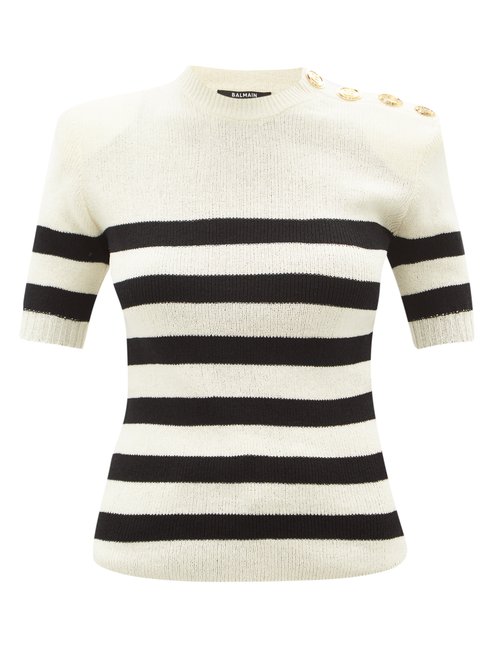 Balmain - Breton Stripe Short-sleeve Cotton-blend Sweater Black White