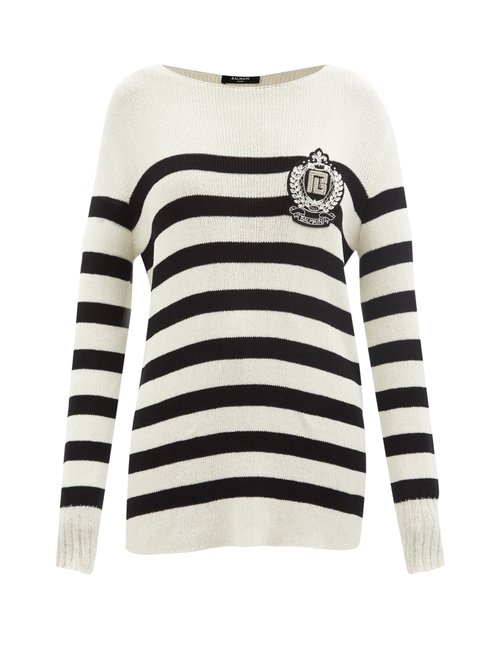 Balmain - Zardozi-embroidered Striped Cotton-blend Sweater Black White