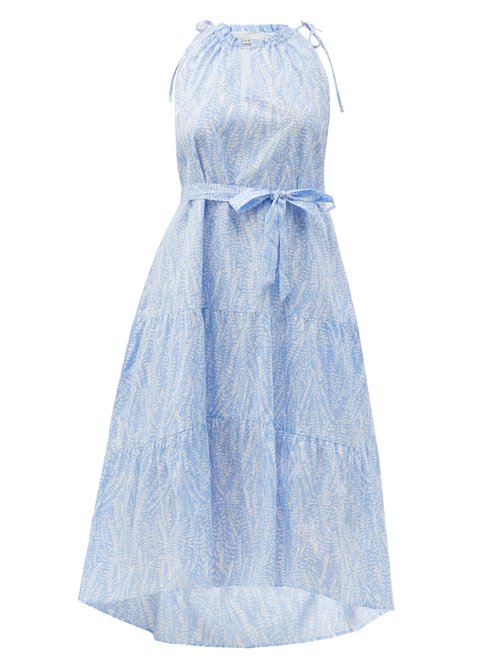 Heidi Klein - Cape Verde Tie-waist Feather-print Cotton Dress Blue Print