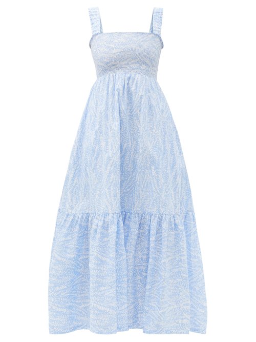Heidi Klein - Cape Verde Smocked Feather-print Cotton Maxi Dress Blue Print
