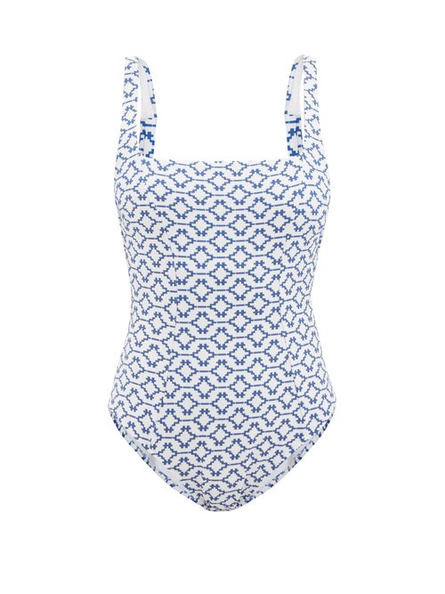 Heidi Klein - Mykonos Tie-back Geometric-jacquard Swimsuit Blue Print Beachwear