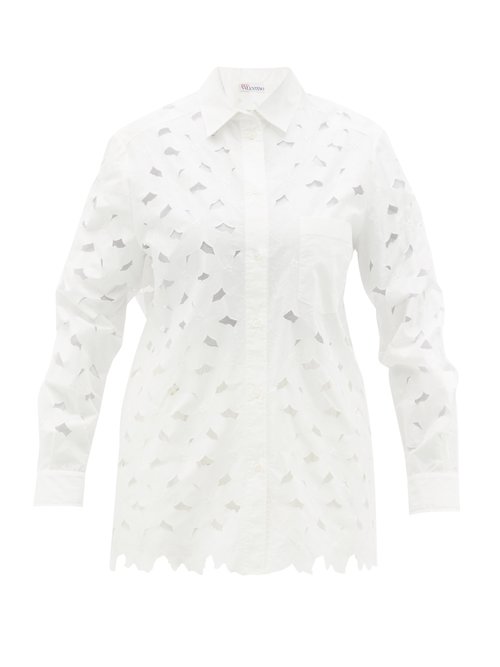 Red Valentino Cottons FLORAL-EMBROIDERED CUT-OUT COTTON-BLEND SHIRT