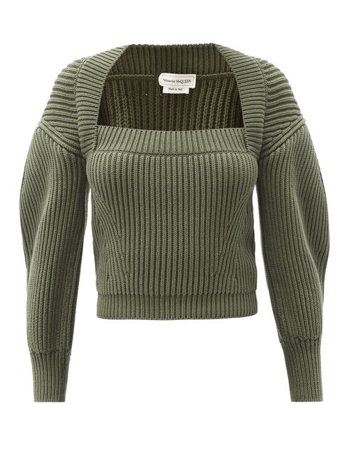 Alexander Mcqueen - Square-neck Ribbed Cotton Sweater Green