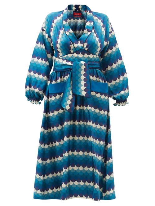 F.r.s - For Restless Sleepers - Cleodora Wave-print Silk-faille Midi Dress Blue Multi