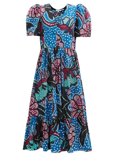 Rhode - Nisha Puff-sleeve Cotton-poplin Midi Dress Blue Print