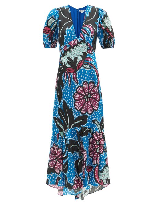 Rhode - Esther Puff-sleeve Floral-print Poplin Maxi Dress Blue Print ...