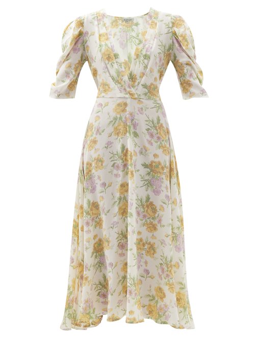 D'Ascoli - Kati V-neck Floral-print Silk-crepe Midi Dress Yellow Multi