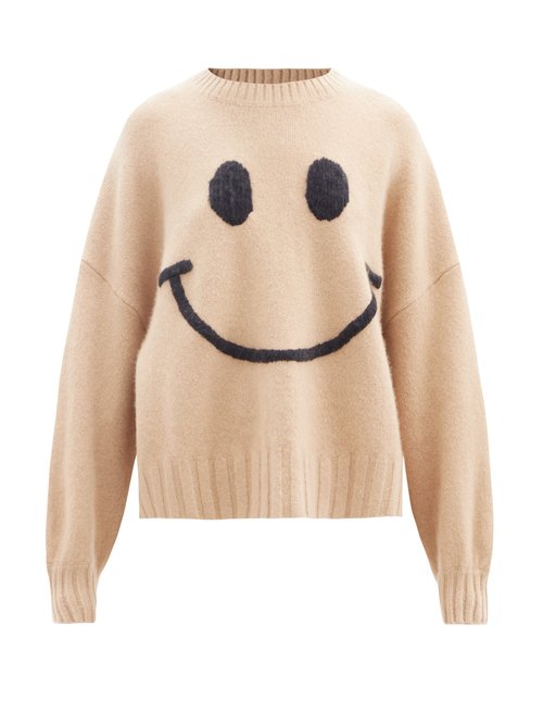 Joostricot - Smiling Face-embroidered Merino Wool-blend Sweater Camel